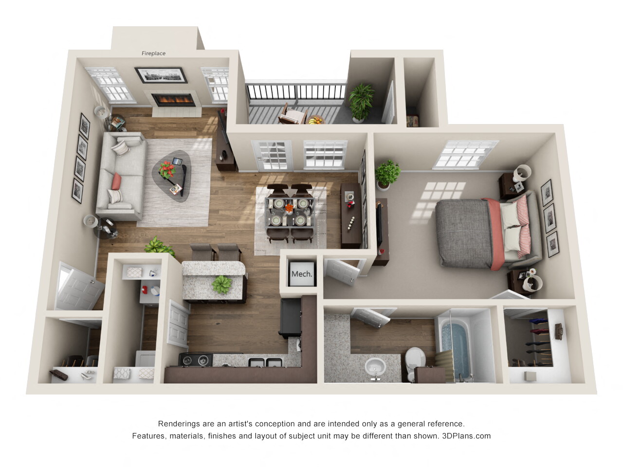 Floor plan for 1 bed, 1 bath, 792 sqft